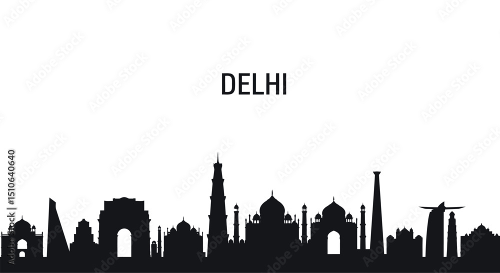 Fototapeta premium Delhi skyline silhouette with iconic monuments and airplane in black and white