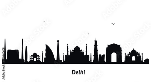 Delhi skyline silhouette featuring iconic landmarks with birds