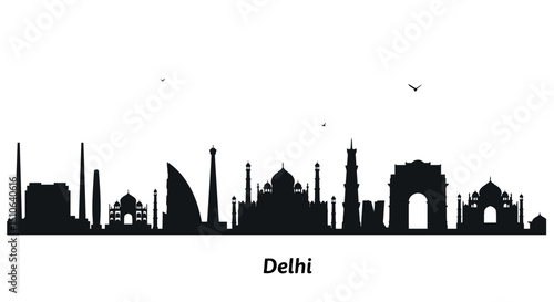 Delhi skyline silhouette featuring iconic landmarks and birds