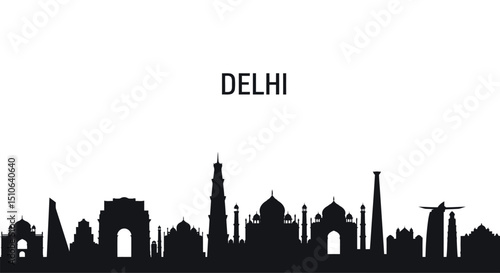 Delhi skyline silhouette with iconic monuments and airplane in black and white