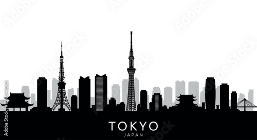 Tokyo city skyline silhouette with iconic towers and buildings