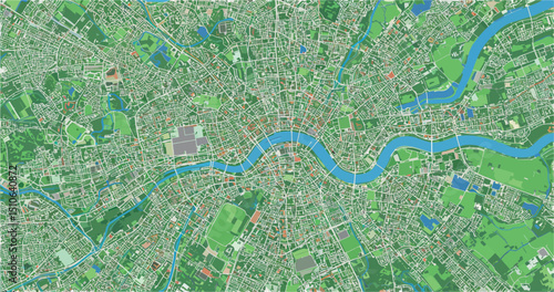 Detailed aerial map of a city with river and urban landscape