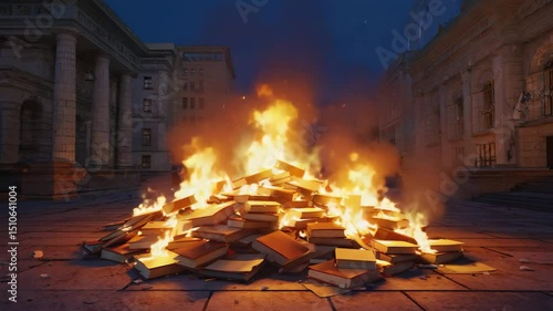 Pile of Books Burning in a Bonfire in a Public Square at Night Between Buildings