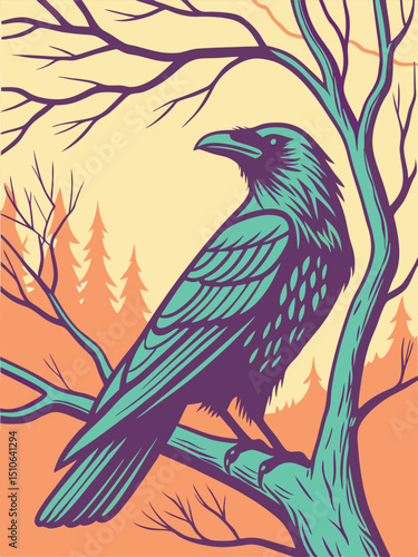 vector illustration of a bird crow poster color pastel dark style