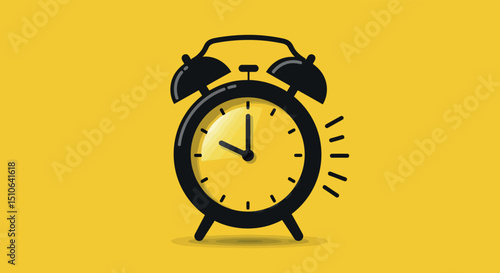 Classic black alarm clock with bells on vibrant yellow background
