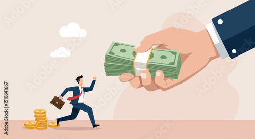 Businessman chasing stack of cash with coins and large hand offering money in pursuit concept