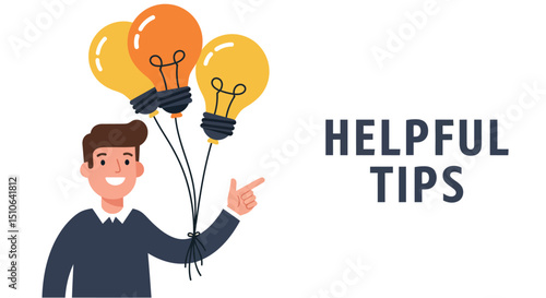 Young caucasian male sharing helpful tips with lightbulb illustration