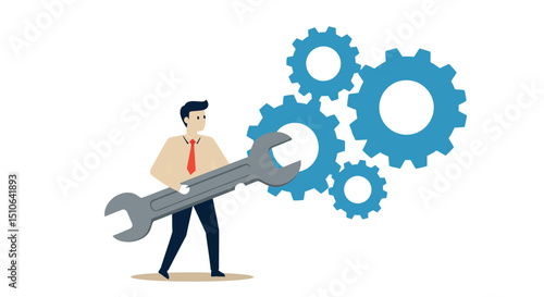 Businessman using wrench on gears for problem solving and innovation concept