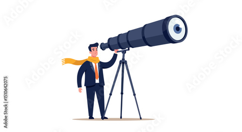 Young caucasian male in suit with telescope and yellow scarf observing sky