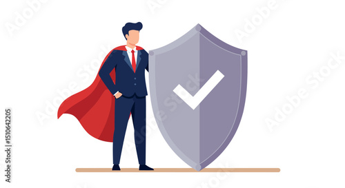 Confident cartoon superhero businessman with red cape and shield emblem of protection