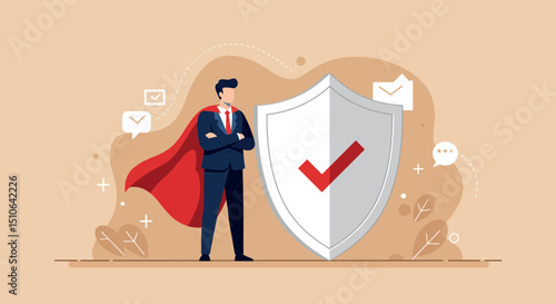 Confident male superhero businessman with shield and check mark