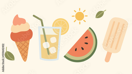 Minimal flat vector illustration of summer food and drinks including ice cream, lemonade, watermelon, and popsicle. Designed in warm earthy tones. Perfect for seasonal design, ads, and web content.