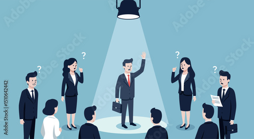 Business meeting: caucasian men and women discussing ideas under spotlight