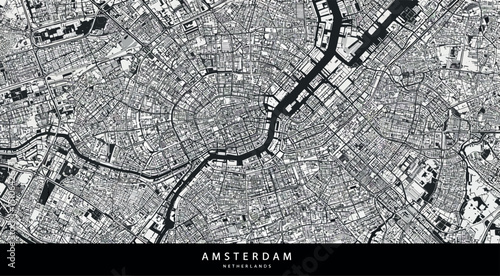 Detailed black and white map of amsterdam's historic canal network in the netherlands