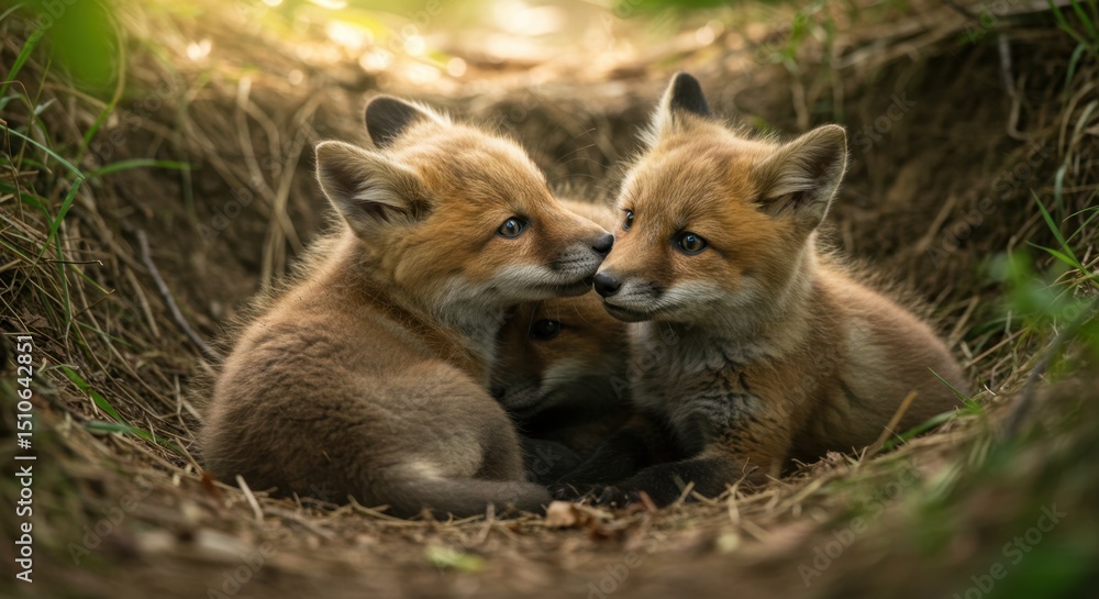 Naklejka premium Two Red Fox Kits Huddle Together in Their Burrow