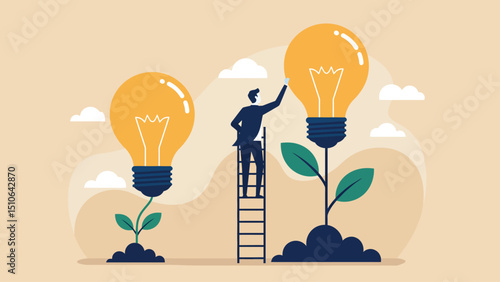 Young adult caucasian male innovator cultivating ideas with lightbulb plants