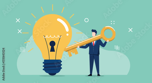 Businessman unlocking creativity with giant key and lightbulb illustration