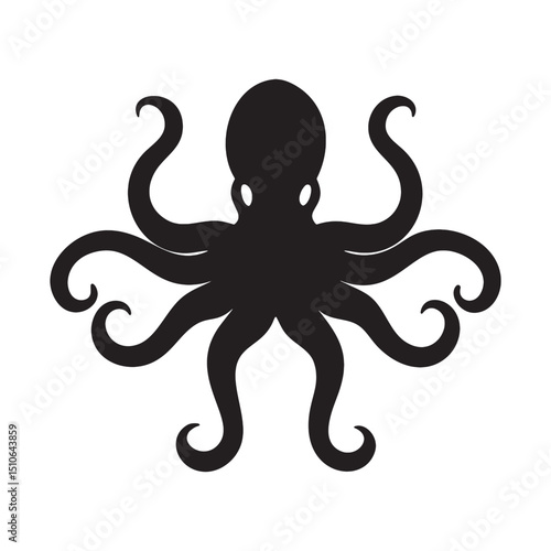Black silhouette of an octopus with eight swirling arms on white background