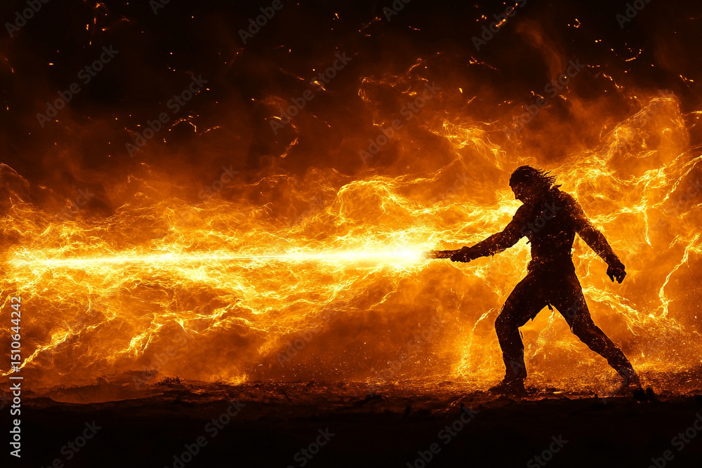 Naklejka premium Silhouette of a man wielding a plasma blade in battle