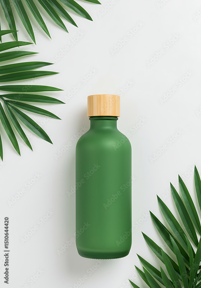 Eco-Friendly Elegance: A sleek green bottle with a natural wooden cap rests amidst vibrant green palm leaves, embodying the essence of sustainable living, natural beauty and conscious consumption. Eco-Friendly Elegance: A sleek green bottle with a natural wooden cap rests amidst vibrant green palm leaves, embodying the essence of sustainable living, natural beauty and conscious consumption.