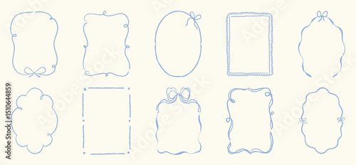 Cute hand drawn scribble ribbons cottage frames vector set. Whimsical frame with wavy line, bows, ribbon. Design for wedding, card, invitation, birthday, poster.