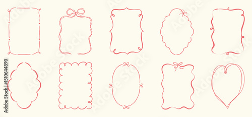 Cute hand drawn scribble ribbons cottage frames vector set. Whimsical frame with wavy line, bows, ribbon. Design for wedding, card, invitation, birthday, poster.