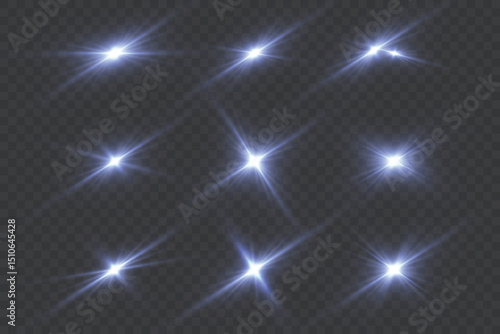Radiant light burst with sparkling effects, featuring glowing flares blue, lens explosions, glittering lines, sun flashes, star neon sparks. A bright abstract lighting effect with a white glow.