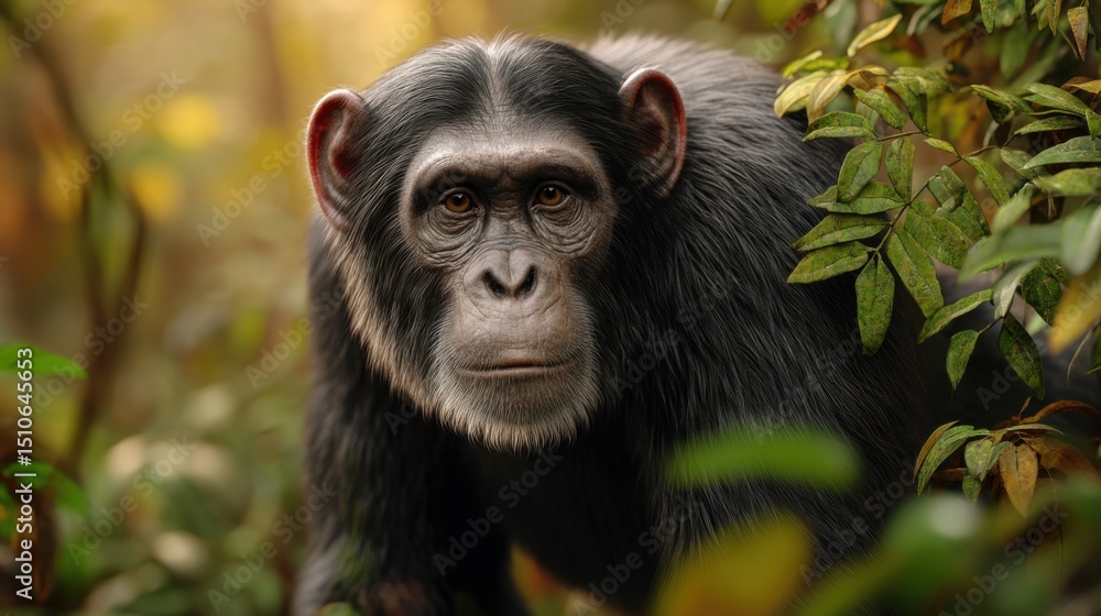 Chimpanzee emerging from lush vegetation in rainforest Chimpanzee emerging from lush vegetation in rainforest
