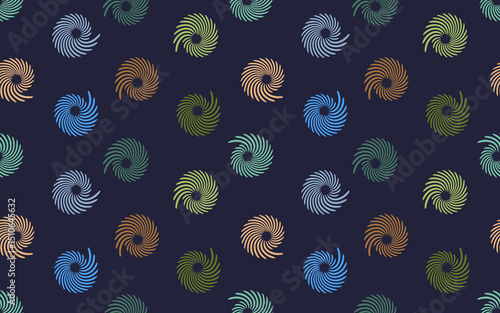 Seamless swirl pattern with colorful spiral shapes in blue green orange purple on dark navy background
