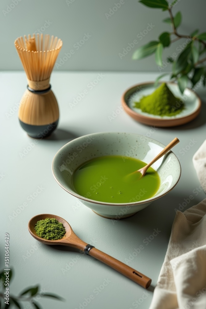 Vibrant green matcha tea in bowl, with chasen whisk and matcha powder. Japanese beverage, traditional ceremony, healthy superfood drink, healthy lifestyle Vibrant green matcha tea in bowl, with chasen whisk and matcha powder. Japanese beverage, traditional ceremony, healthy superfood drink, healthy lifestyle