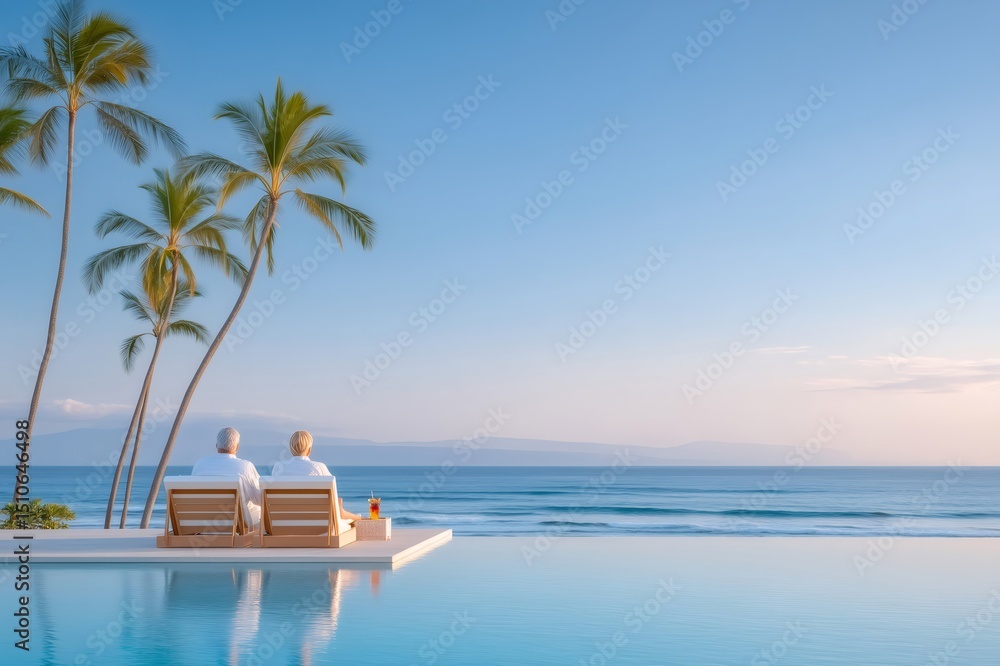 Obraz premium Senior couple relaxing by infinity pool overlooking tropical ocean at sunset