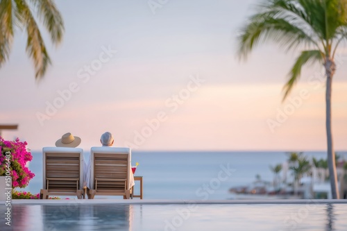 Senior couple relaxing by infinity pool enjoying sunset over pacific ocean