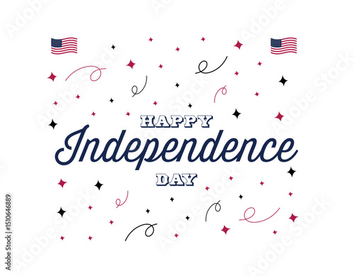 Celebrate freedom and patriotism with this vibrant Happy Independence Day sign, featuring festive stars, colorful petards, and the bold American flag. Designed for the 4th of July, this vector illustr