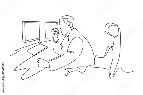Continuous one line drawing a people controlling astronaut activity at control office. Professional job profession minimalist concept. Single line draw design vector graphic illustration