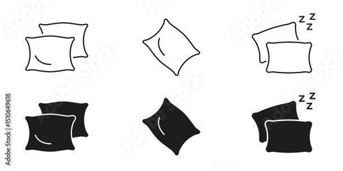 Pillow And Sleep Line And Solid Icon Set. Rest, Comfort, And Relaxation Symbol Collection. Sleep Quality And Bedroom Essentials. Isolated Vector Illustration
