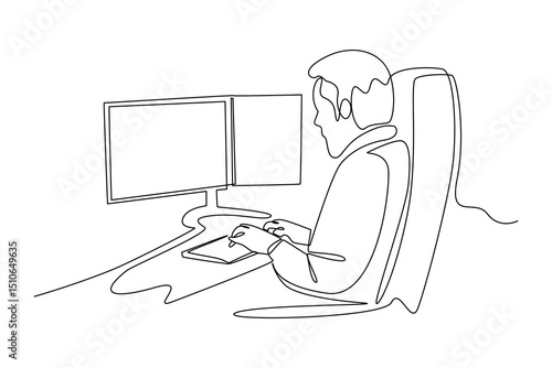 Continuous one line drawing of people work at space control room. Professional job profession minimalist concept. Single line draw design vector graphic illustration