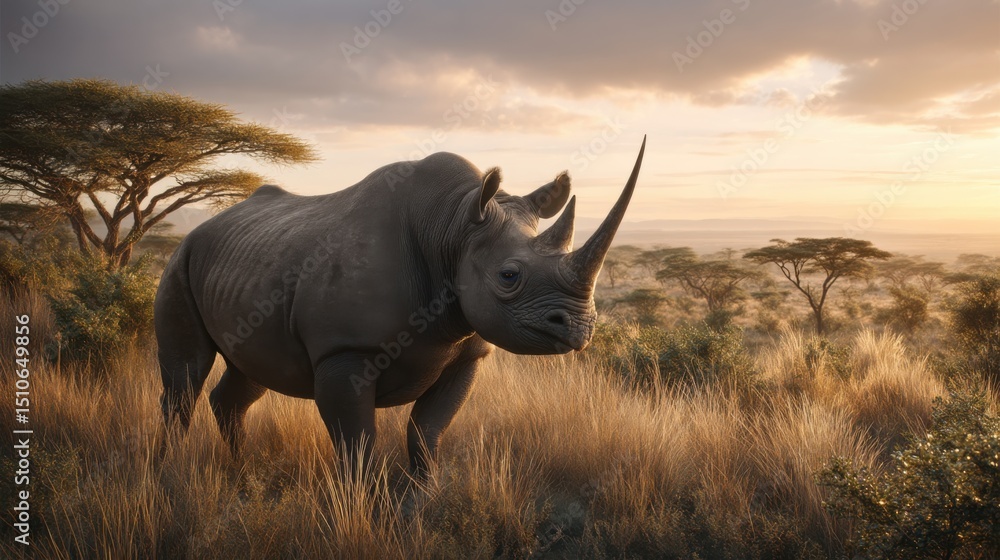 Fototapeta premium Black rhinoceros standing in african savanna at sunset