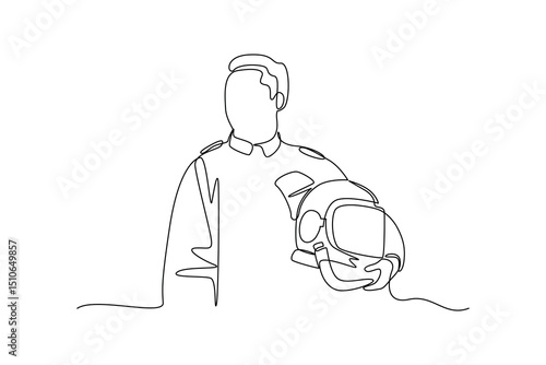 Continuous one line drawing of young astronaut carrying his helmet. Professional job profession minimalist concept. Single line draw design vector graphic illustration