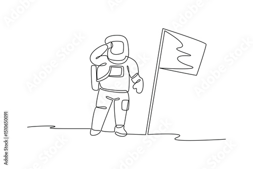 Continuous one line drawing of astronaut standing next to a flag on the moon. Professional job profession minimalist concept. Single line draw design vector graphic illustration