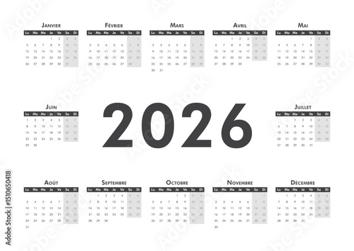 2026 calendar modern classic on French language. Week starts on Monday. Desk or wall A4 black and white horizontal calendar in minimalist style