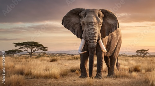 Fototapeta Naklejka Na Ścianę i Meble -  Majestic elephant standing in the african savanna at sunset