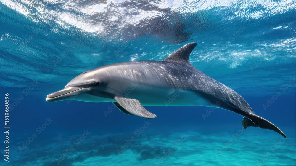 Fototapeta premium Dolphin swimming underwater in blue ocean near coral reef