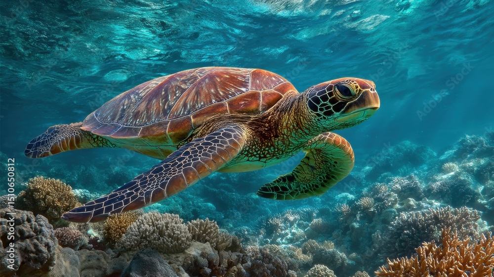 Fototapeta premium Sea turtle swimming over a colorful coral reef in the ocean