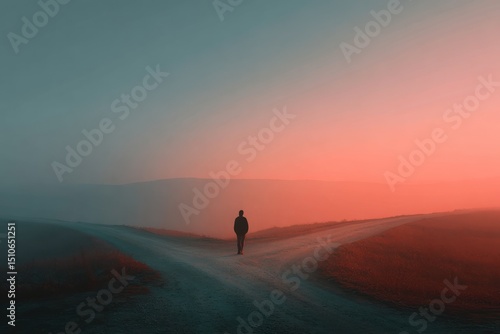 Solitary Figure at Fork in Road During Misty Sunset Landscape
