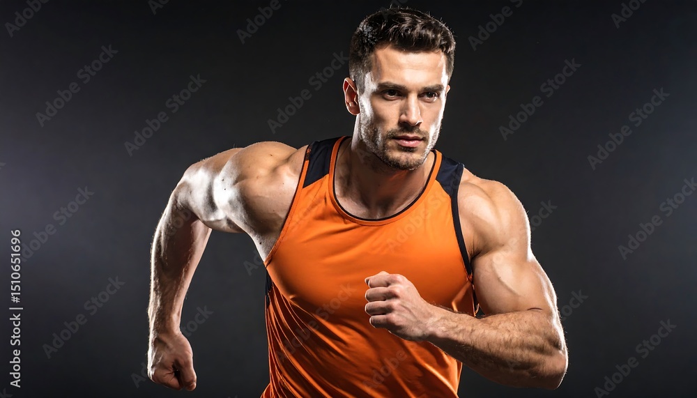 Athletic man running towards camera with dark background. Athletic man running towards camera with dark background.