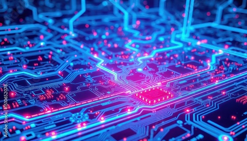 Futuristic Glowing Circuit Board Pattern with Vibrant Pink and Blue Hues