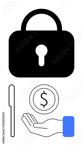 Large lock, coin, pen, and hand illustrate financial security, trust, payment methods, and protection. Ideal for ecommerce, banking savings investment insurance fintech simple landing page