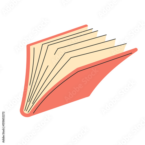 Open book with coral cover and fan of pages, isometric side view. Minimalistic style, light background, symbol of reading, knowledge and literature.
