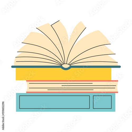 Open book with side view lying on a stack of books. pages in motion. Vector illustration in minimalistic style on white background.
