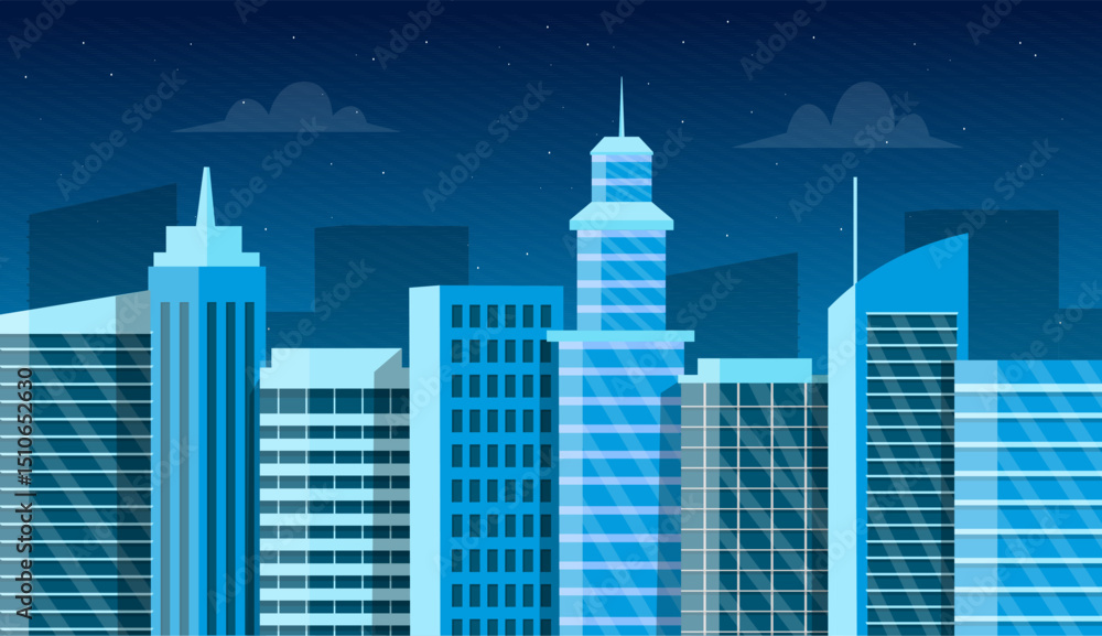 Naklejka premium Night cityscape background. Modern city buildings at night. Flat urban landscape with office buildings. Vector stock